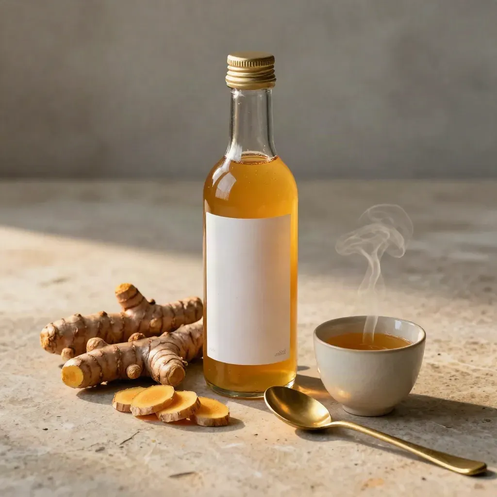 Turmeric ginger elixir bottle with ginger, turmeric root, brass spoon and steaming cup on travertine.