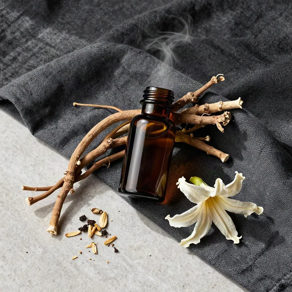 Ashwagandha night shot bottle in charcoal linen with roots and moonflower petals, overhead flatlay.