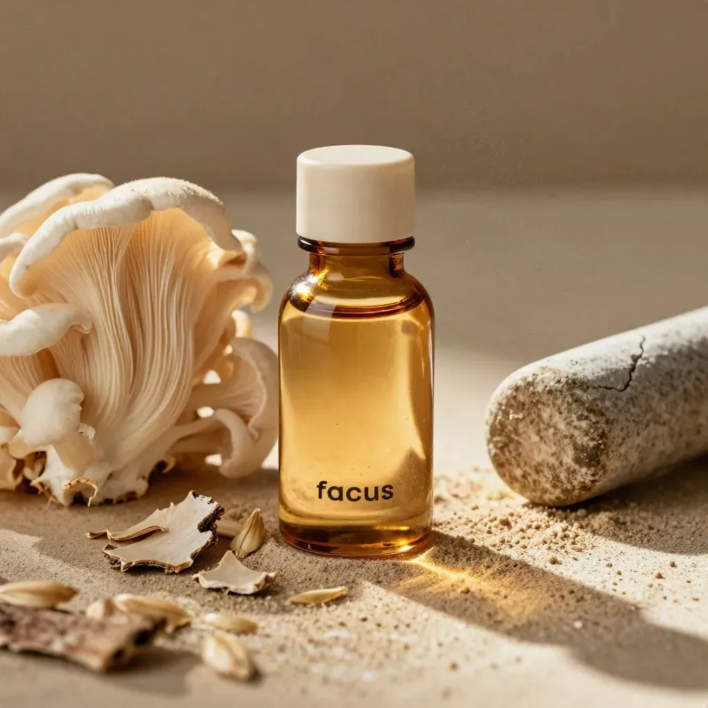 Amber Lion’s Mane elixir bottle with mushrooms, bark chips and a stone pestle in raking light