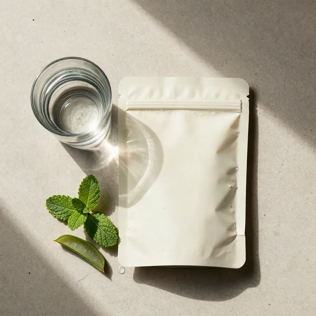 Flatlay of aloe mint detox pouch, mint sprigs, aloe pieces and water on stone.