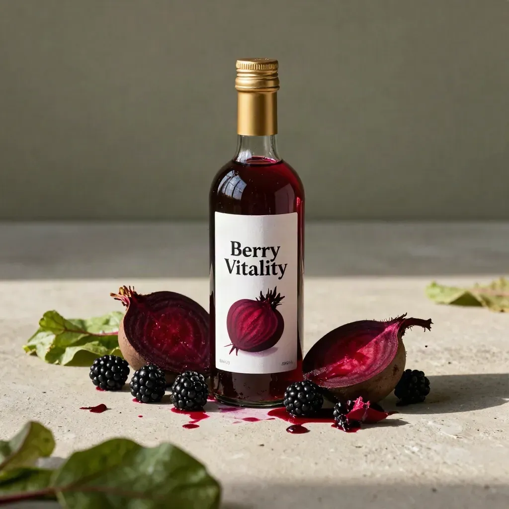 Beet Berry Vitality bottle with beets, blackberries and greens on pale concrete with a wet spill