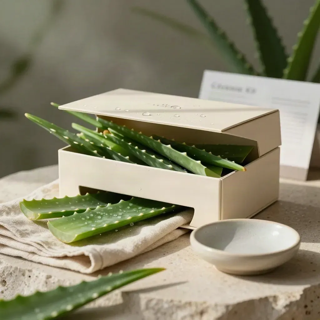 Aloe cleanse kit box with aloe leaves, water drops, cloth and ceramic dish on pale stone.